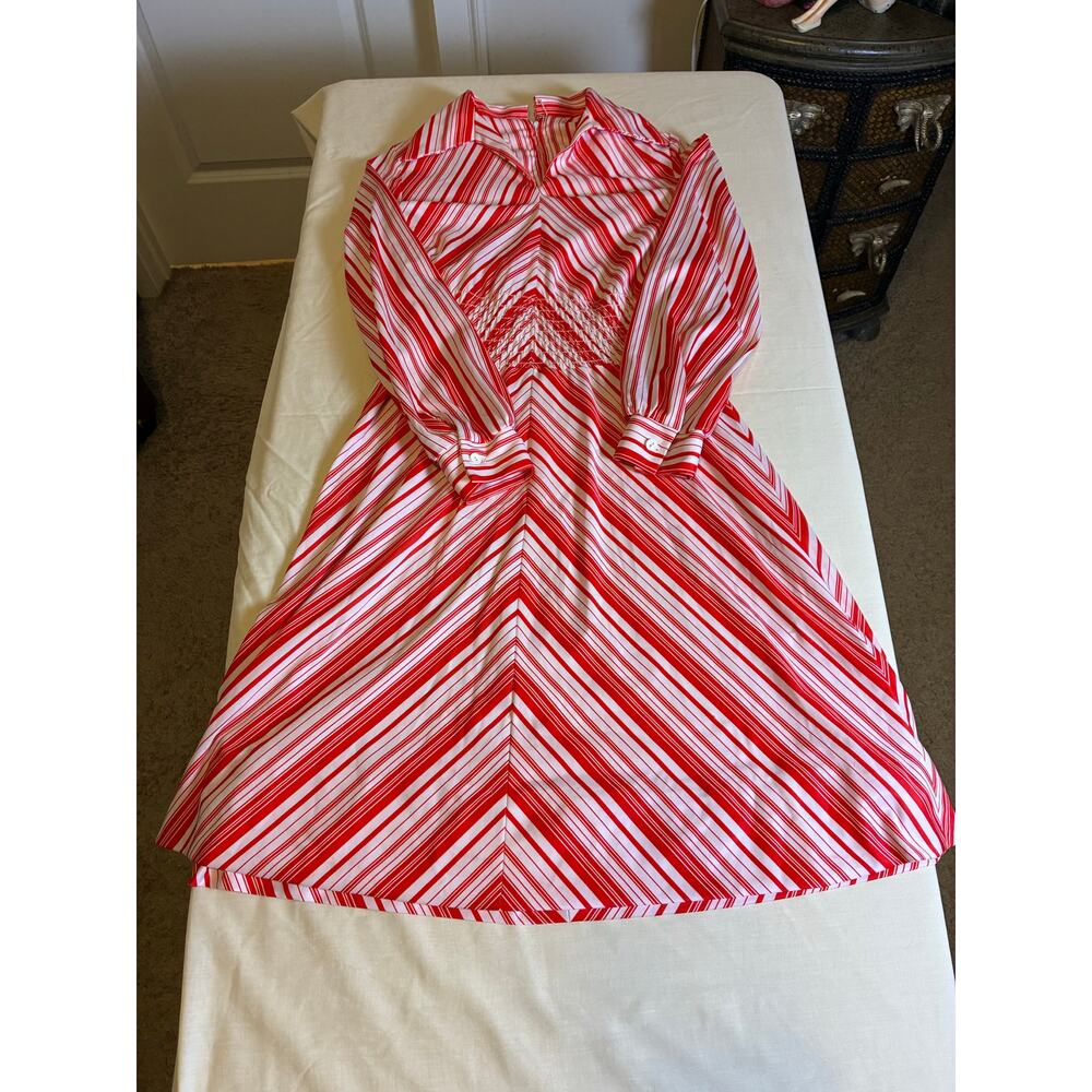 Vintage Red White Striped Shirt Dress Womens S/M Collared Long Sleeve Retro 70s